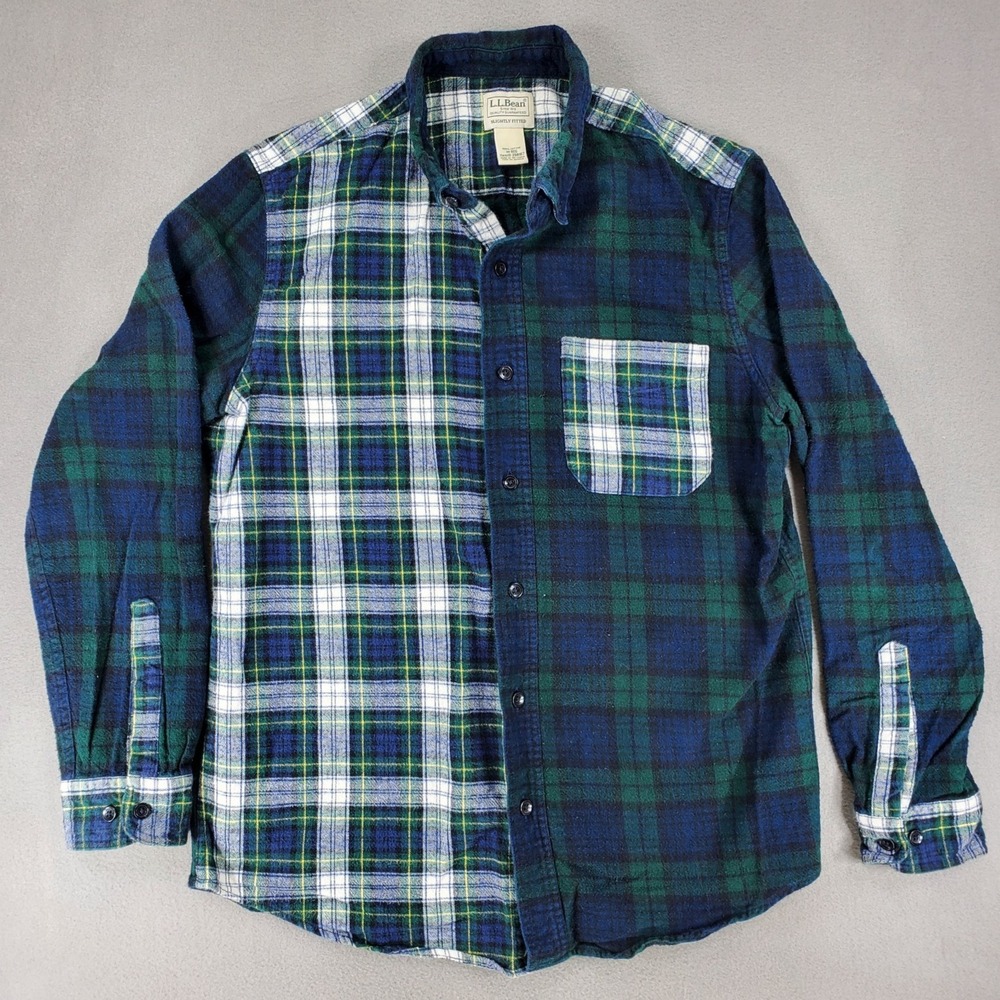 LL Bean Scotch Plaid Flannel Shirt Mens‎ M Blackwatch Patchwork Slightly Fitted